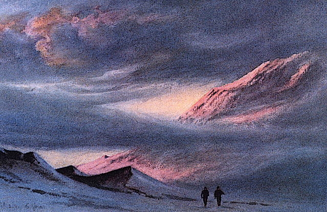 EDWARD ADRIAN WILSON (1872-1912), Mont Kirkpatrick  (4,528m) Antarctique  (Ile de Ross)   In "Sunset from Hut Point April 2nd 1911 ,watercolor