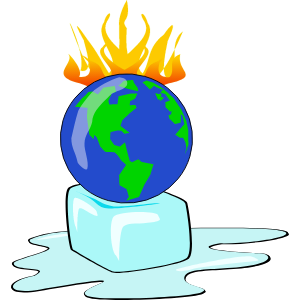 ID: a cartoon drawing of earth with fire at the north pole and a block of ice at the south pole.