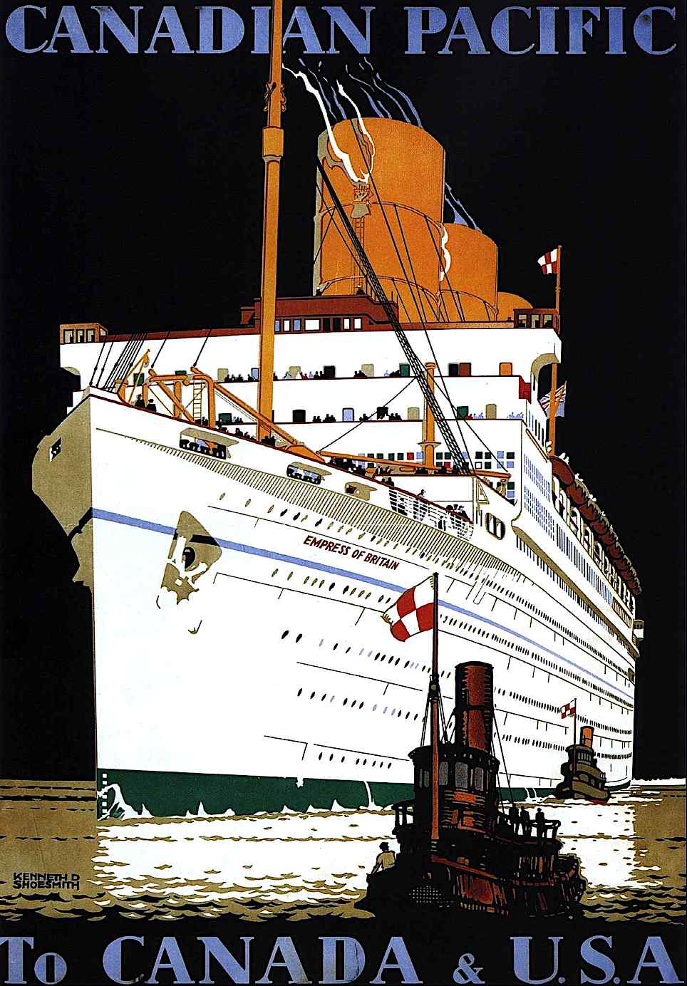 a Kenneth Shoesmith 1933 travel poster illustration for Canadian the Pacifics line, a giant ship with tugboat