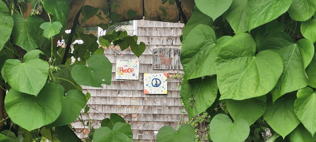 Peace sign hanging on cedar-sided wall.