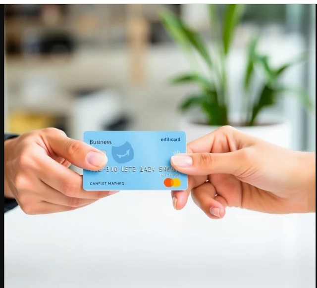 Image of a business owner making an online purchase, comparing credit and debit card benefits.