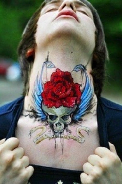 Men Neck Rose Skull Tattoo, Rose Skull On Men Neck Tattoo, Tattoo On Men Neck Skull Rose, Designs Of Skull Rose Men Neck, Men, Parts, Flowers, 