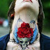 Men Neck Attractive Rose Skull Design Tattoo