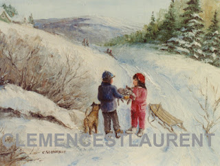 The cat from the sky, 12 x 16 oil painting by Clemence St. Laurent - two children with a dog hold a kitten they found in the snow