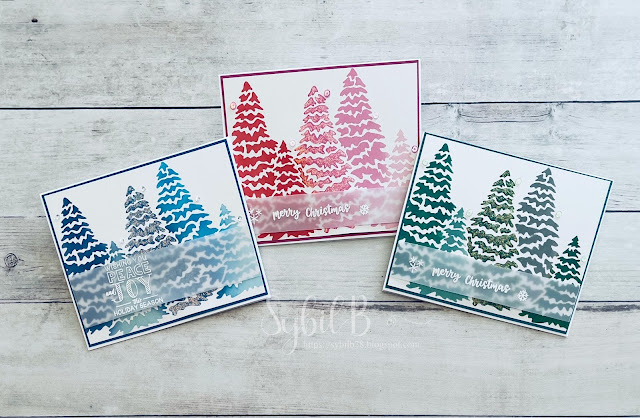 Evergreen Trees Holiday Cards by Guest Designer Sybil Brewer | Evergreens Stencil, Holiday Home Stamp Set and Snow Globe Scenes Stamp Set by Newton's Nook Designs #newtonsnook #handmade