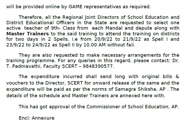 SCERT, AP – Entrepreneurial Mindset Development Program for all Government School of Andhra Pradesh - Phase III – Training to 9th class teachers of High schools in two spells at respective districts – Instructions