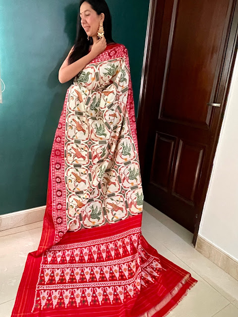 White and red silk pochampally saree