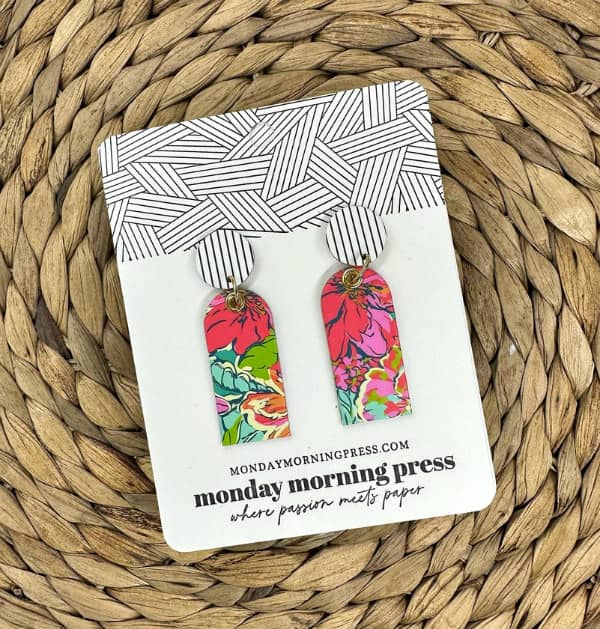 tropical flower paper earrings on shop backing card