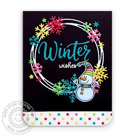 Sunny Studio Stamps: Feeling Frosty Rainbow Polka-dot Snowman Winter Wishes Holiday Christmas Card (using Snowflake Circle Frame Dies & Very Merry 6x6 Paper)