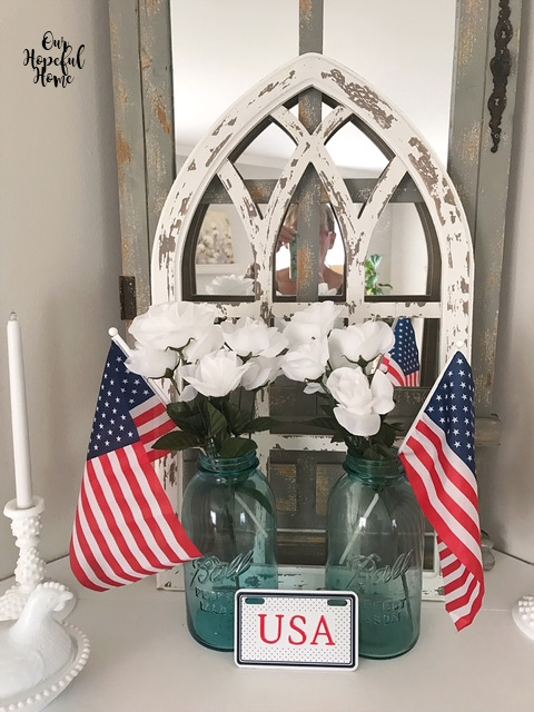 Dollar Tree American flags blue glass Mason jar milk glass candlestick 