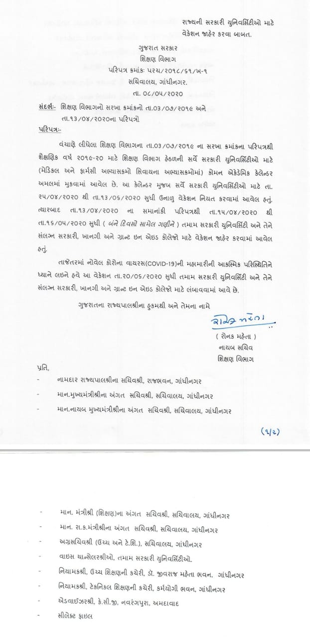 GUJARAT UNIVERSITY UPDATES / 20/6/2020 vacation