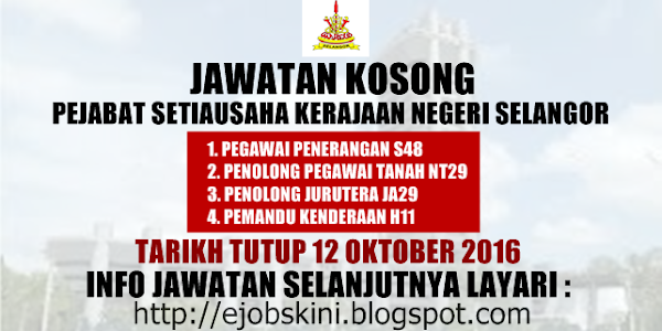 Jawatan Kosong Terkini di SUK Selangor - 12 Oktober 2016