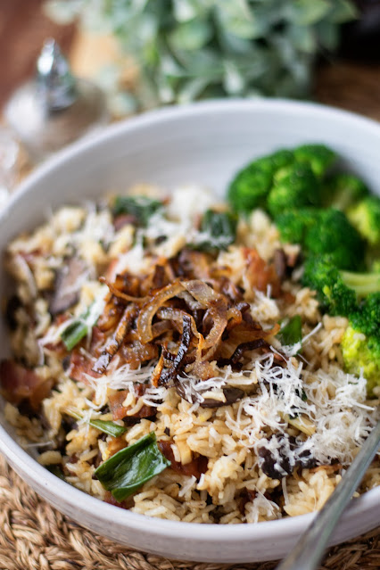 The Ramp Rice Bowl with Caramelized Shallots with a side of steamed broccoli.