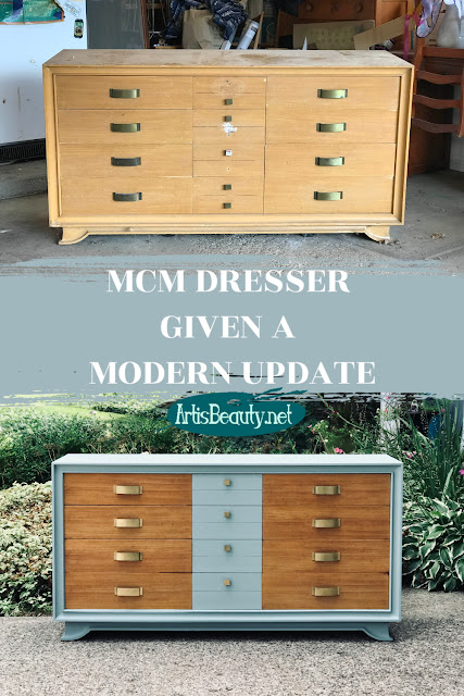 BEFORE AND AFTER MID CENTURY MOD MCM DRESSER UPDATE USING GENERAL FINISHES MILK PAINT IN PERSIAN BLUE 