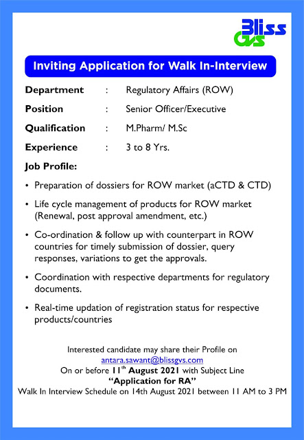 Job Availables, Bliss GVS Pharma Walk-In Interviews for Regulatory Affairs