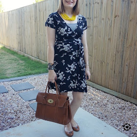 awayfromtheblue Instagram summer office outfit floral wrap dress with yellow statement necklace mulberry bayswater hermes twilly bracelet