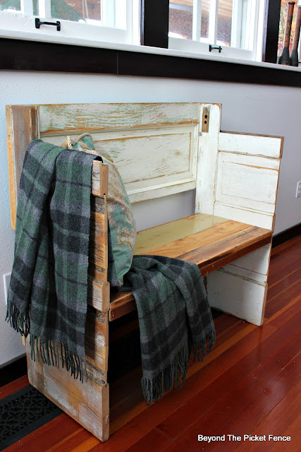 bench, DIY, woodworking, old door, salvaged wood, chippy paint, minwax, wold blanket, plaid blanket, entryway, http://bec4-beyondthepicketfence.blogspot.com/2016/02/a-door-able-bench.html