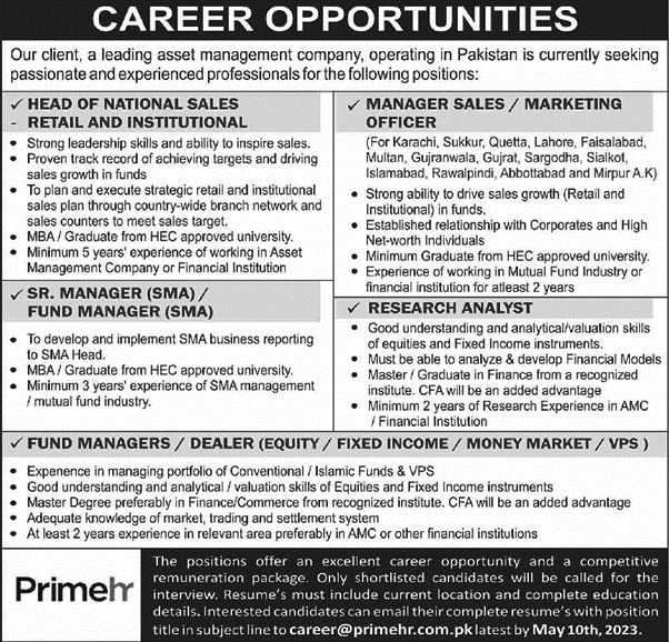 Prime HR Jobs 2023 Sales / Marketing Officer / Manager & Others Latest
