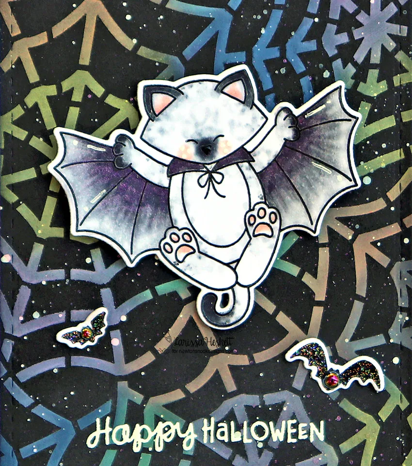 Happy Halloween Card by Larissa Heskett for Newton's Nook Designs using Batty Newton, Spiderweb Stencil, & Frames & Flags #newtonsnook #newtonsnookdesigns #battynewton #spidewebstencil #framesandflags