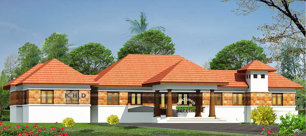 An image capturing the timeless charm of a 2342 sq.ft. Kerala traditional home, showcasing the sloped roof, wooden pillars on the veranda, laterite stone works, and the traditional terracotta clay tile roof.