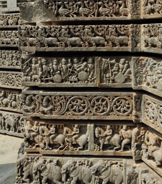 Epics, Battles, Mythological Creatures and Ancient Stories sculpted onto the exterior walls at the Hoysala Temple of Somnathpur