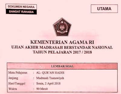  Latihan Soal dan Kunci jawaban UAMBN Al Qur’an Hadist  MTS Tahun 2018 - 2019 