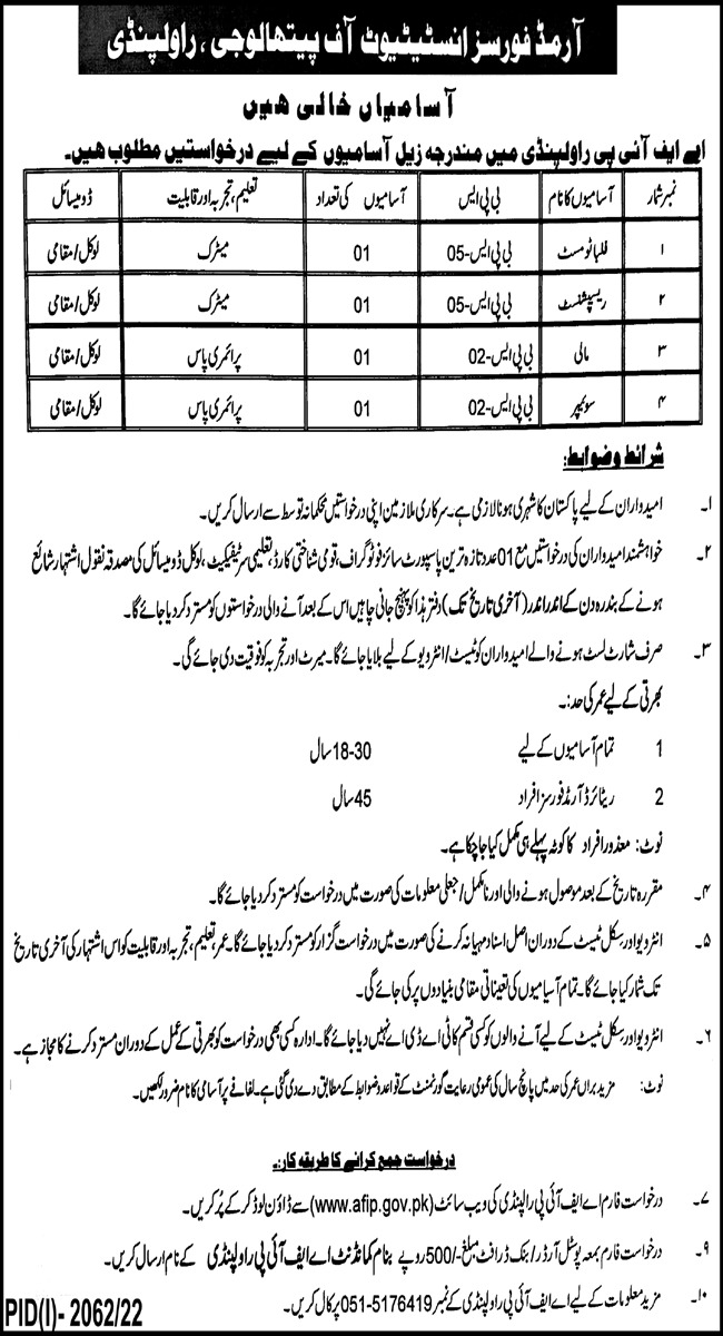 Armed Forces Institute of Pathology Rawalpindi Jobs 2022