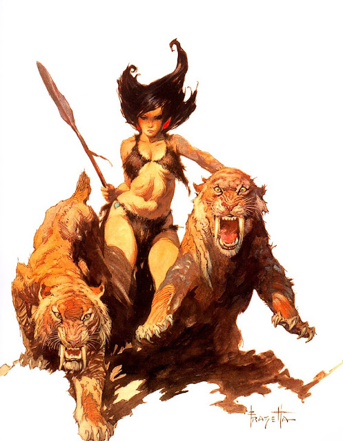 A fantasy painting by Frank Frazetta of two tigers