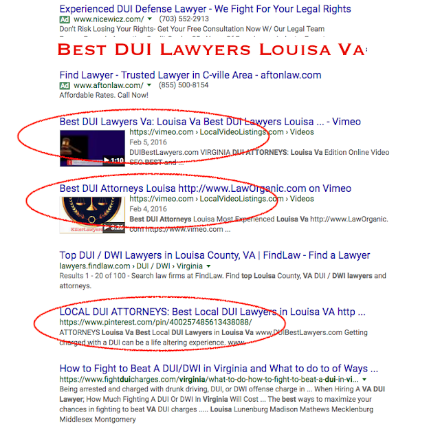 See how much these 3 videos stand out among the other listing results on this search for "Best DUI Lawyers Louisa"...Introducing 'Video SWAP', the fastest, most effective, and most profitable way, to get your business on the Front Page of Google!  See these Videos and how much they stand out among the other results? Well, we've taken Online Marketing a step further....Video SWAP is literally like T.V Commercials, except on the Front Page of Google.