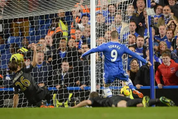 Chelsea striker Fernando Torres scores the winning goal against Manchester City