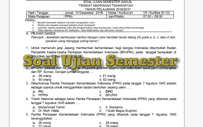 Soal PKn Kelas 7 SMP/MTs Kurikulum K13 Semester Ganjil 