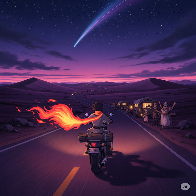 Sagittarius rides a motorcycle on a desert road, fiery scarf trailing.