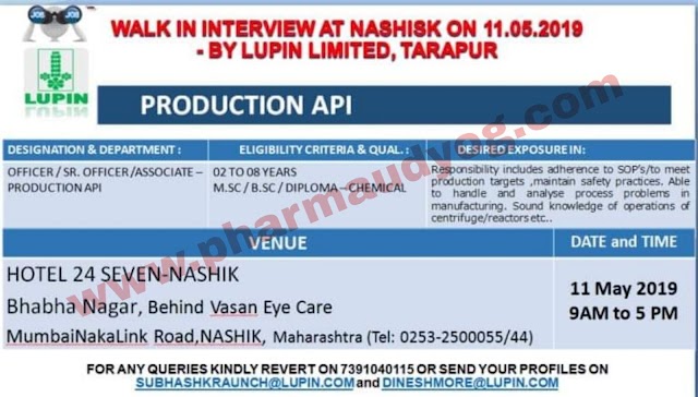 Lupin | Walk-in interview for Production API | 11th May 2019 | Nashik