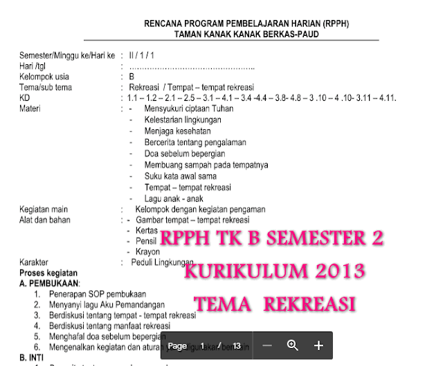 RPPH TK B SEMESTER 2 KURIKULUM 2013 TEMA  REKREASI USIA 5-6 TAHUN 