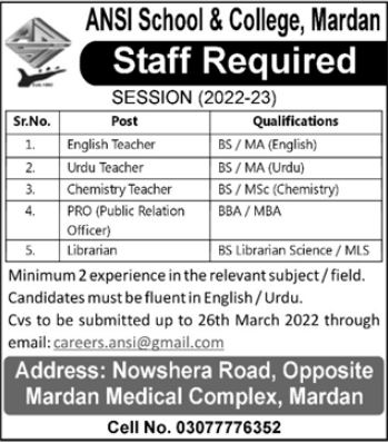 Teaching jobs-Staff  Required Ansi School and College jobs 2022