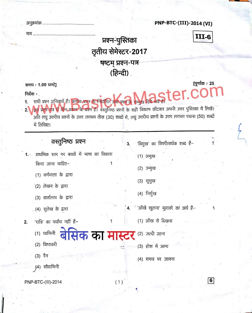 BTC 3rd Semester Exam Paper - हिंदी