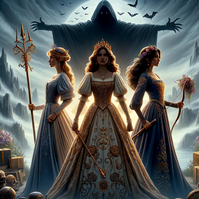 Three princesses standing together, triumphantly facing a dark, shadowy figure in the background
