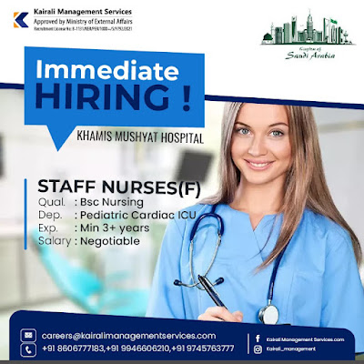 Immeddiate Hiring Nurses for Khamis Mushyat Hospital, Saudi Arabia