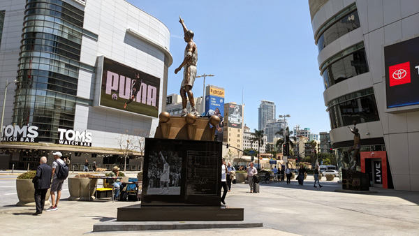 The first statue of Kobe Bryant on display at Crypto.com Arena's Star Plaza in downtown Los Angeles...on April 17, 2024.