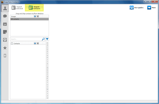 copytrans contacts window with import contacts button selected