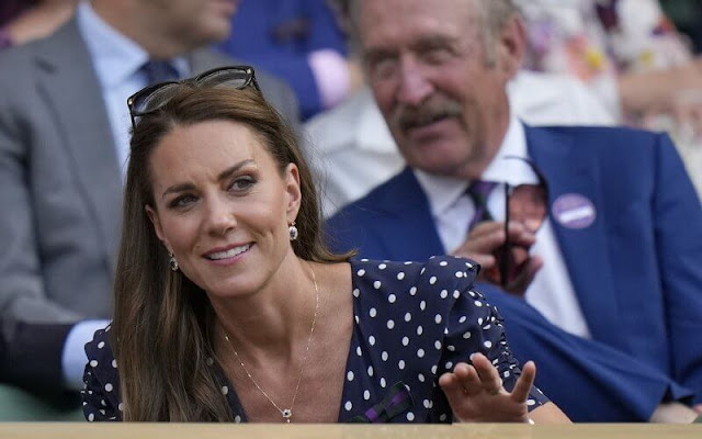 Kate Middleton wore a new chelsea-collar polka-dot silk crepe dress by Alessandra Rich. Alessandra Rich leather pumps