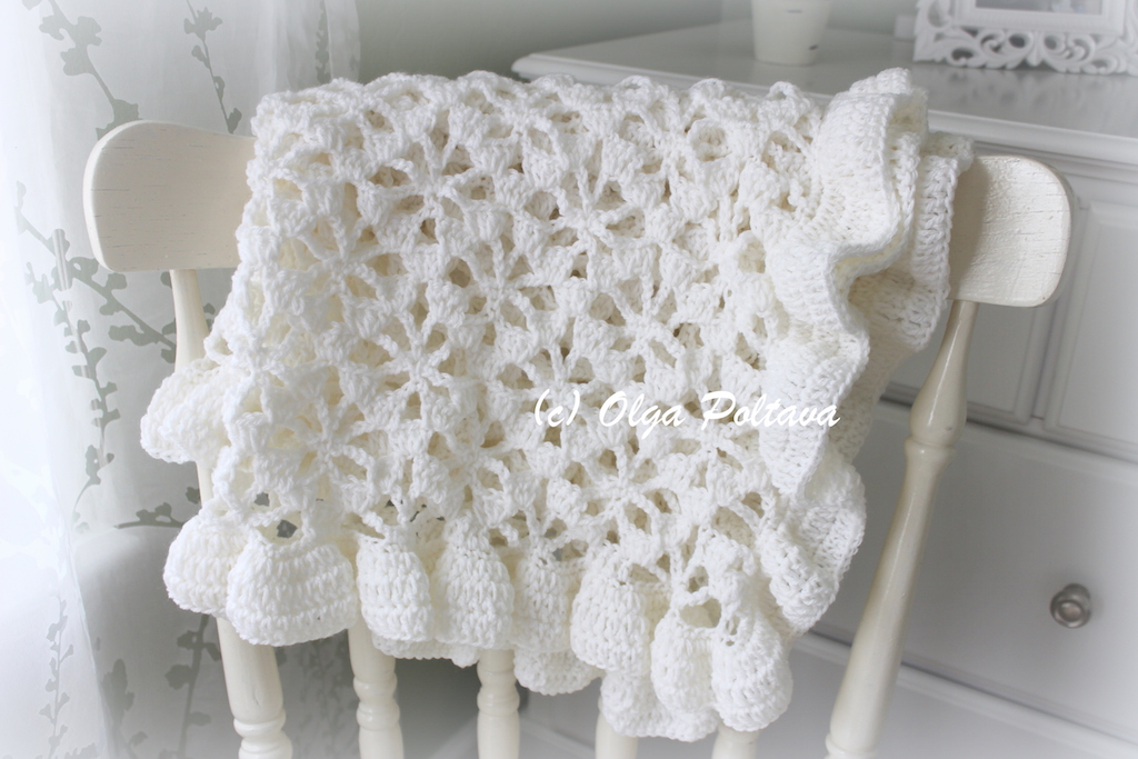 Lacy Crochet White Spider Lace Crochet Baby Blanket Or Christening Shawl With Wide Ruffled Trim