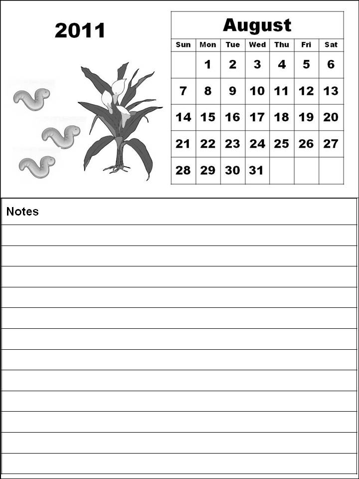 Black and White Cute Cartoons 2011 Calendar Coloring Pages - August 2011
