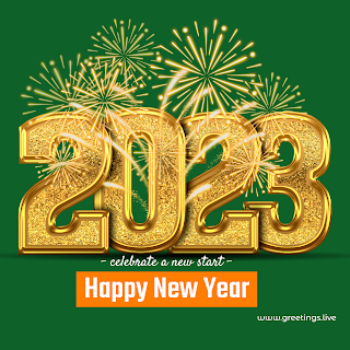 2023 New Year wishes image with 3D golden text and fire works green background colour