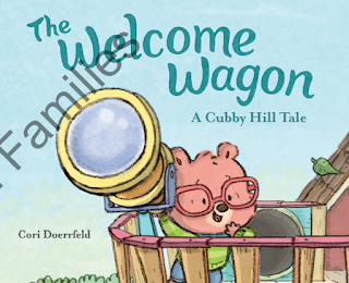 A cartoon bear with jeans, a green sweater, and red glasses looks through a telescope atop a tree fort below a title that reads "The Welcome Wagon A Cubby Hill Tale" and at the bottom of the page is the name of author Cori Doerrfeld