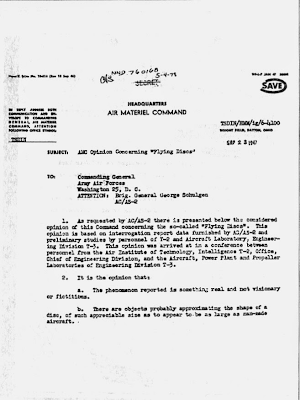 Schulgen Memo - Re Flying Discs, Phenomenon is Real 8-23-1947