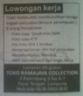 Lowongan Bag. Penjualan Toko Ramajaya Tanjung Karang, Lampung