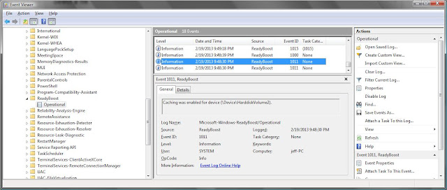 Windows event viewer shows log of ReadyBoost events including speed tests