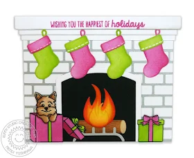 Sunny Studio Stamps: Shaped Fireplace Puppy Dog Card (using Christmas Icons, Santa's Helpers & Gleeful Reindeer Stamps)