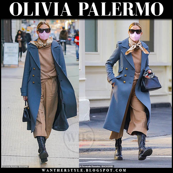 Olivia Palermo in blue coat and camel cropped culottes